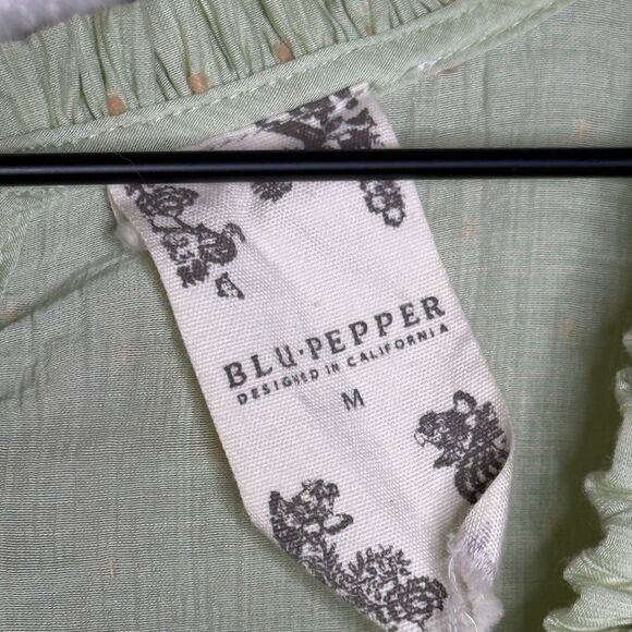 Blu Pepper Womens Peasant Top Medium Light Green Yellow Polka Dots Dainty Brunch - Picture 3 of 10